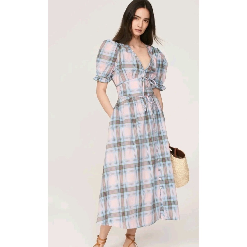 Hill House Home Anjuli Nap Dress Pink Blue Plaid Puff Sleeve Midi Pockets Small